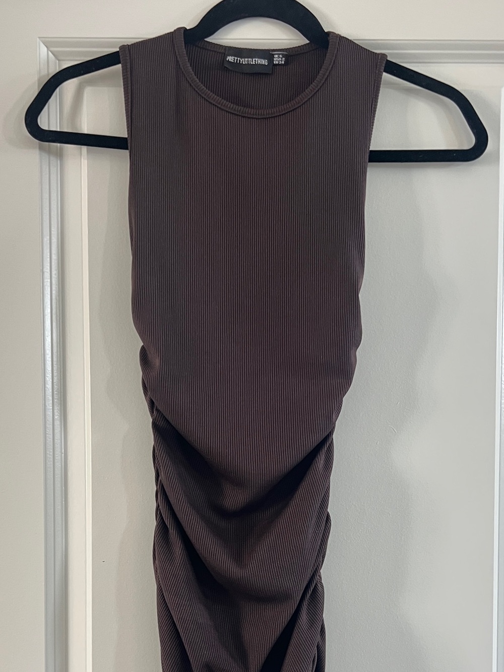PrettyLittleThing Brown Ribbed Ruched Bodycon Midi Dress Sleeveless Size 2